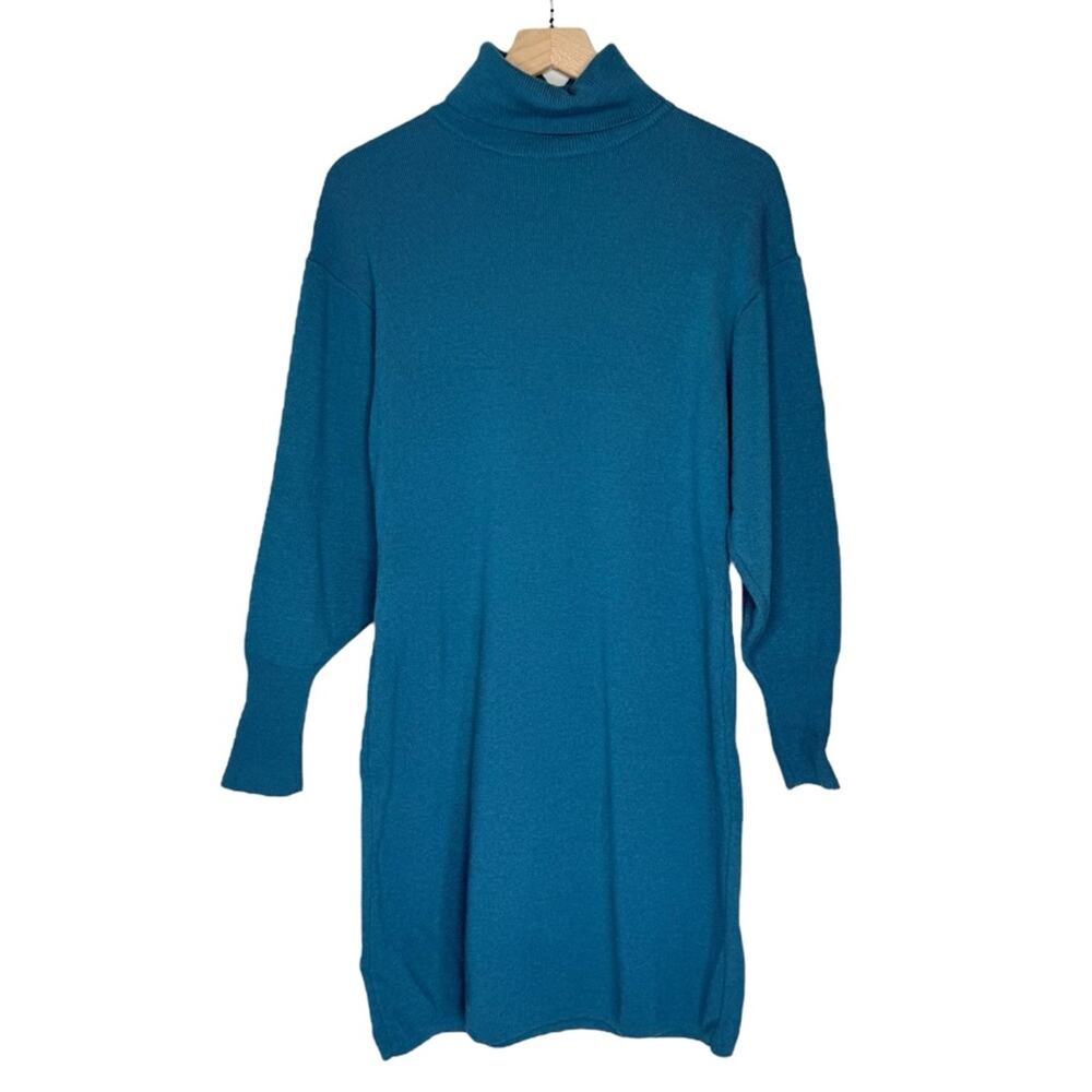 Vintage 90s Wool Sweater Dress Michelle Stuart Teal size large turtleneck